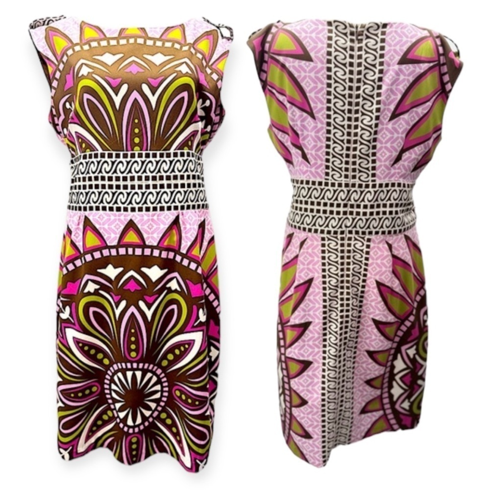 Nicole Miller Sleeveless Pink Lime Brown & Ivory Boho Medallion Print Dress 10